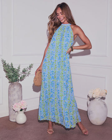 Vaughn Floral Pleated Halter Maxi Dress