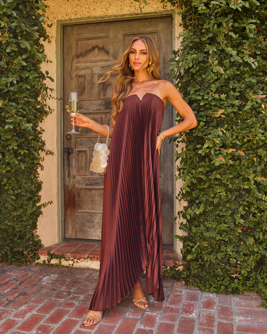 Adrenia Pleated Satin Maxi Dress in Champagne