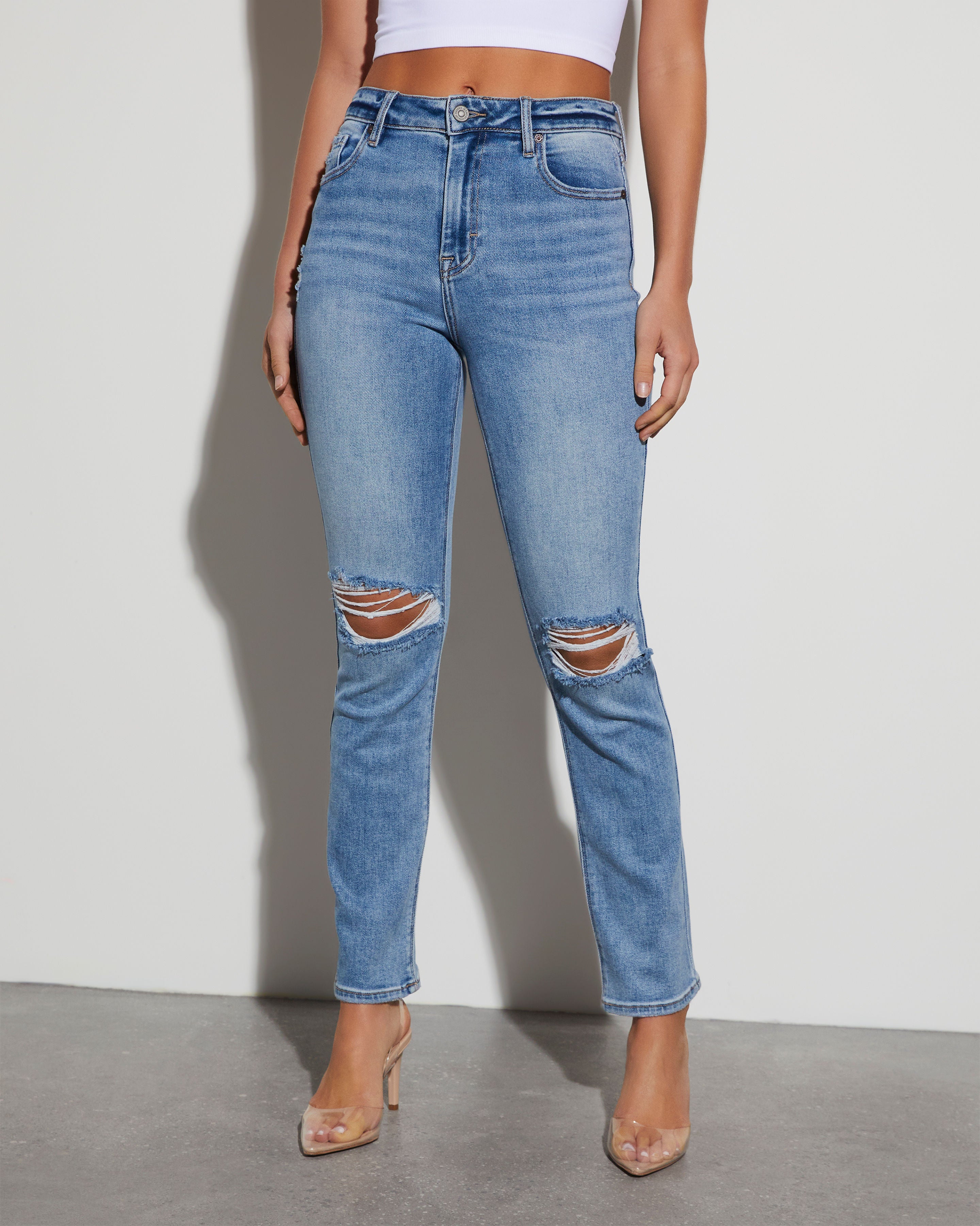 40090 Women Super High Waisted Distressed Skinny Jeans with Cut Outs
