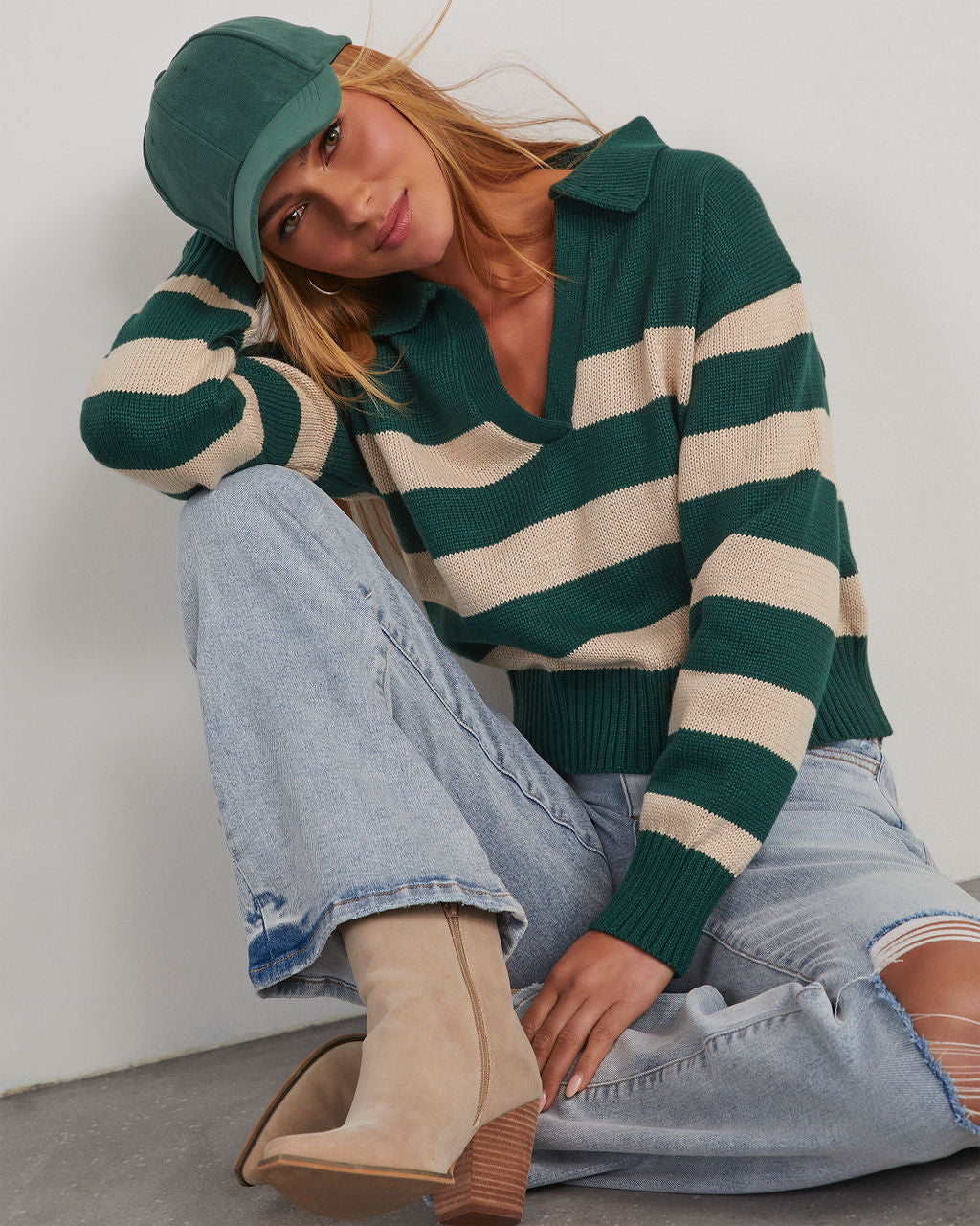 Striped Polo Sweater - Green