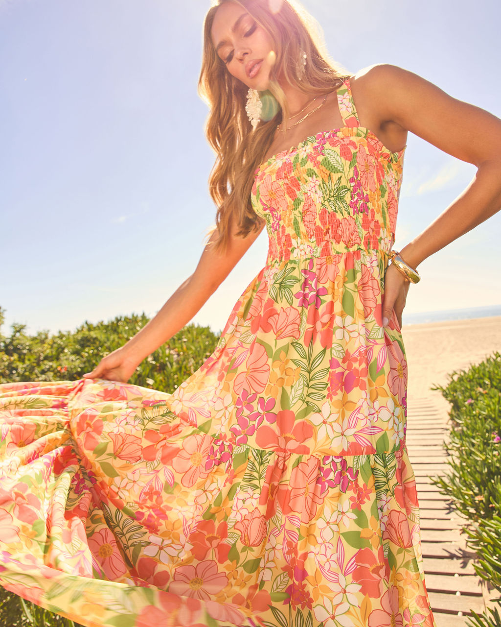 reina tiered mesh floral maxi dress Reina Tiered Mesh Floral Maxi Dress