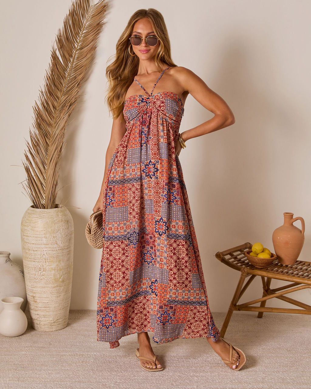 Eliora Tropical Print Halter Maxi Dress in Blue - Size Large, Vici Eliora Tropical Print Halter Maxi Dress in Blue - Size Large, Vici