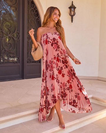Adrenia Pleated Floral Print Satin Maxi Dress