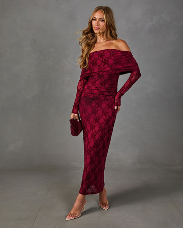 Harvest Haze Mesh Velvet Floral Lace Off The Shoulder Maxi Dress
