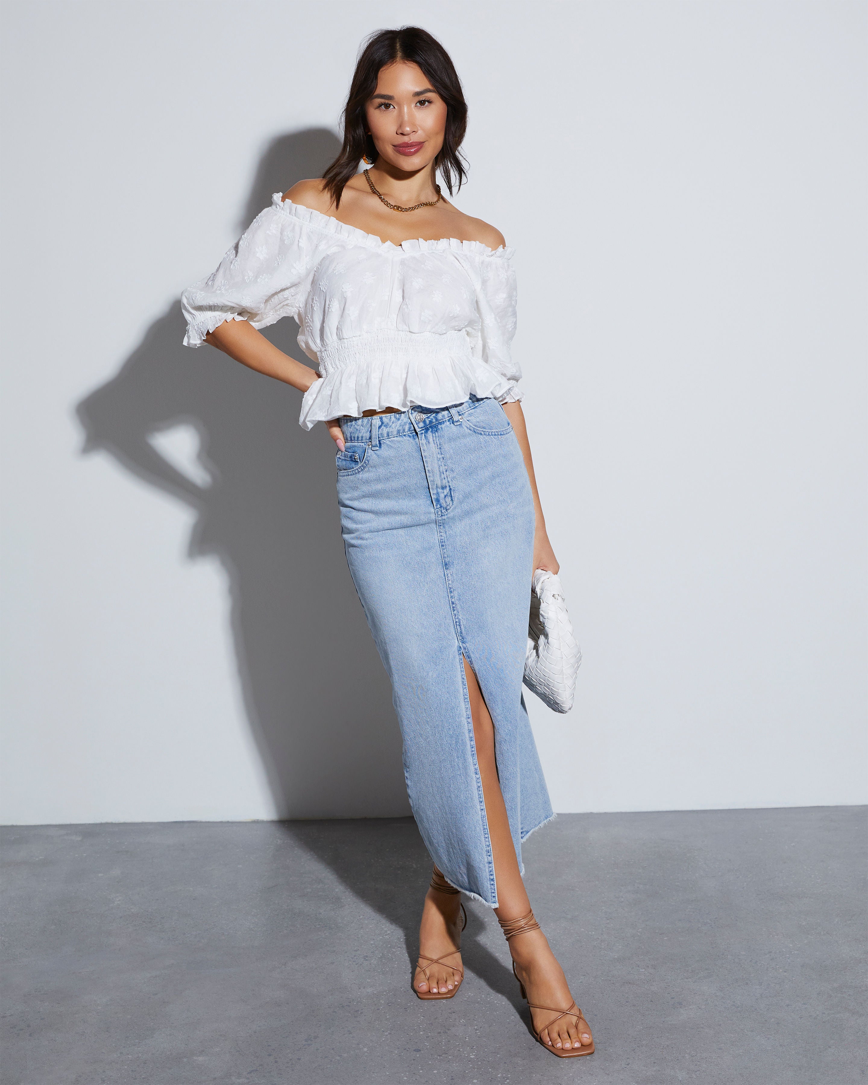 Denim Midi Skirt Off Shoulder Top And Denim Skirt Lisa Blue
