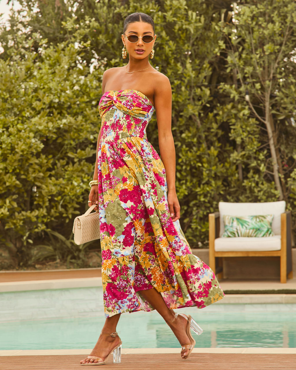 Lynelle Strapless Floral Smocked Midi Dress in Pink - Size Large, Rayon, Vici Lynelle Strapless Floral Smocked Midi Dress in Pink - Size Large, Rayon, Vici