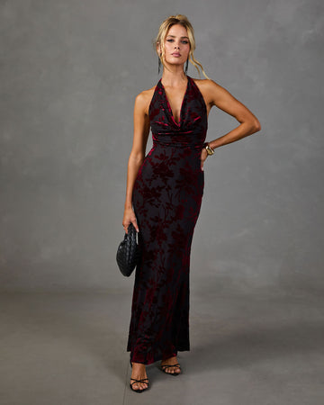 Rita Floral Velvet Mesh Halter Neck Maxi Dress