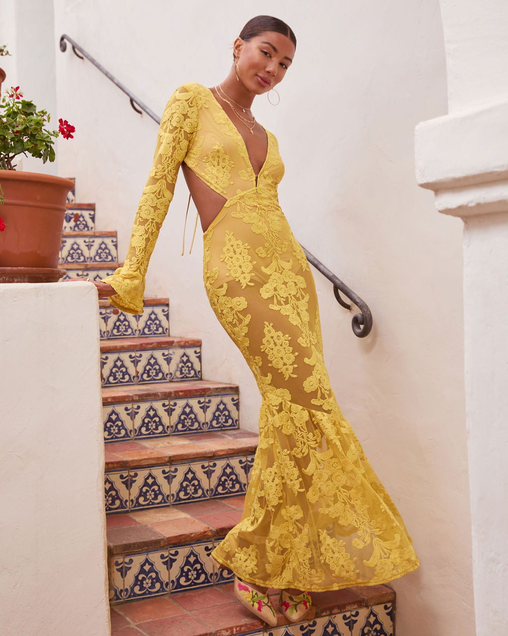 Jodie Cut Out Mesh Maxi Dress in Yellow - Size Large, VICI Jodie Cut Out Mesh Maxi Dress in Yellow - Size Large, VICI