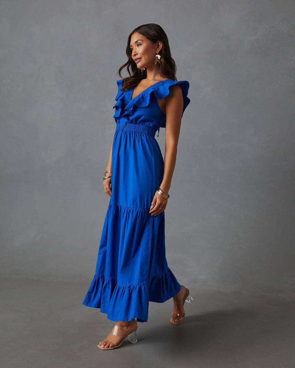 v neck maxi dress Minerva Tiered Ruffle V-Neck Maxi Dress – VICI