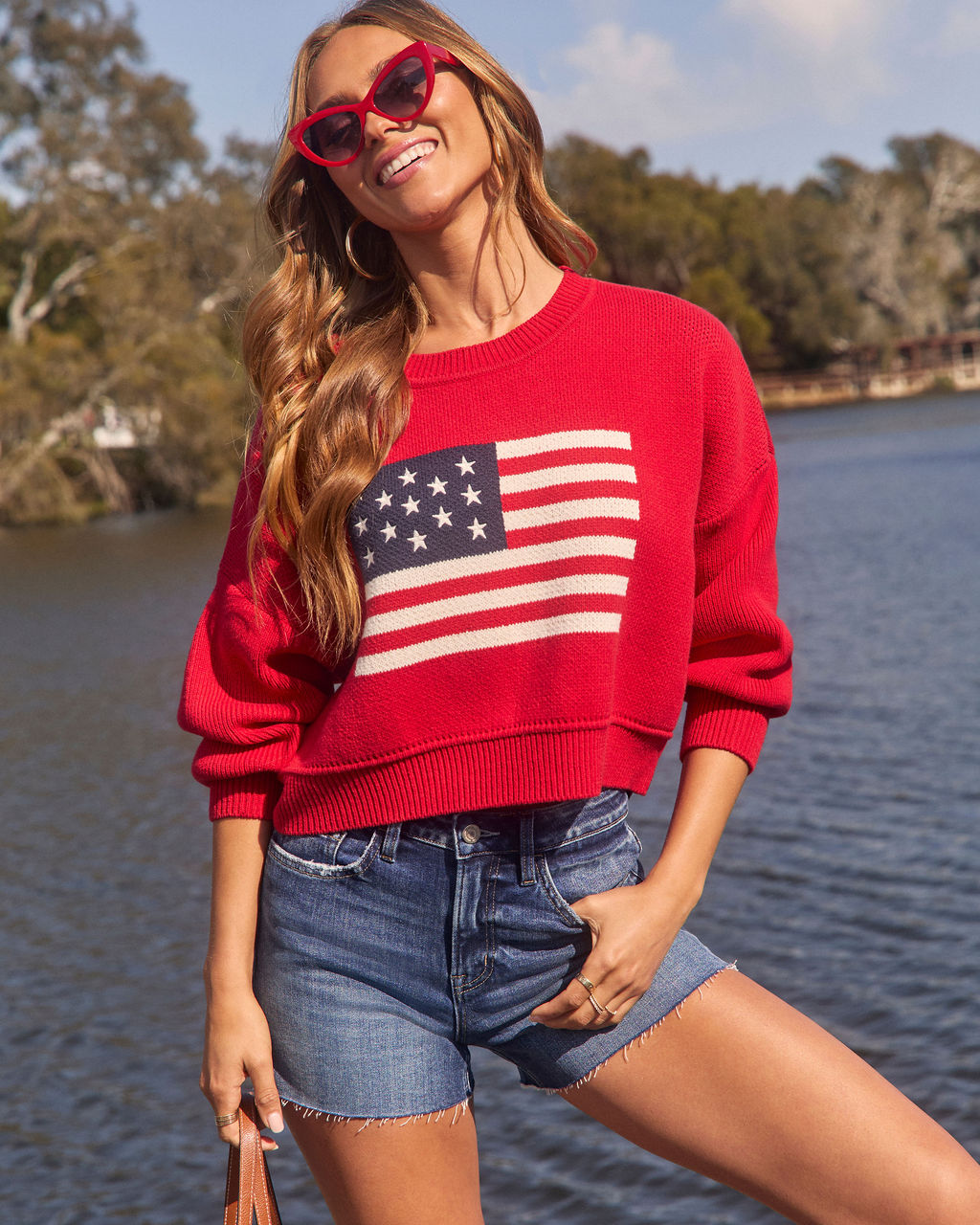 Crew Sweater with Embroidered American Flag in Cream by Castaway Clothing main image 1