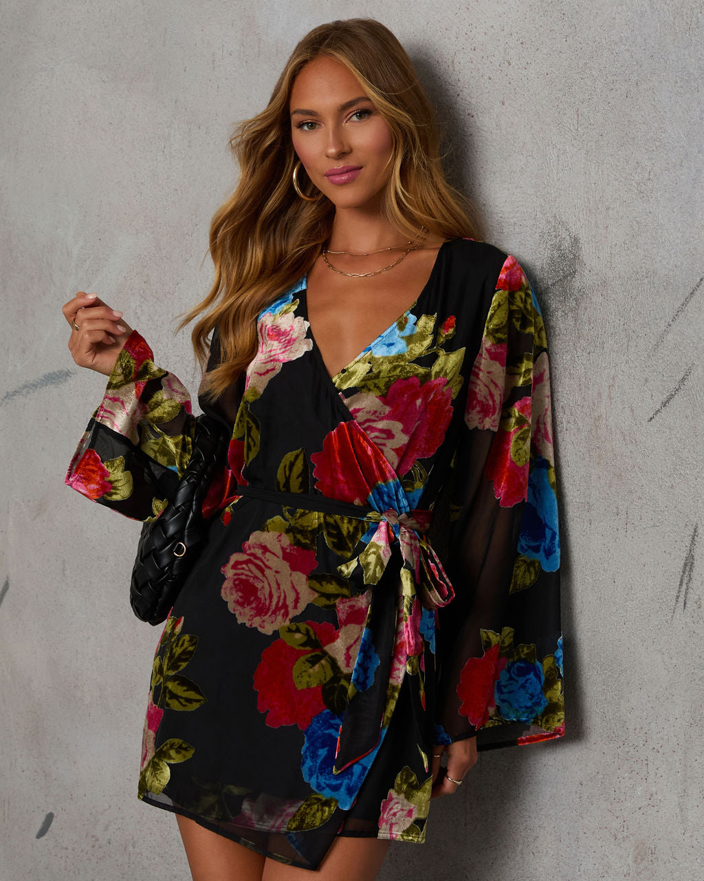 Floral Trail Velvet Burnout Wrap Mini Dress in Black