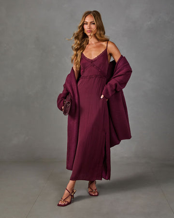 Deep Desire Satin Lace Trim Maxi Dress