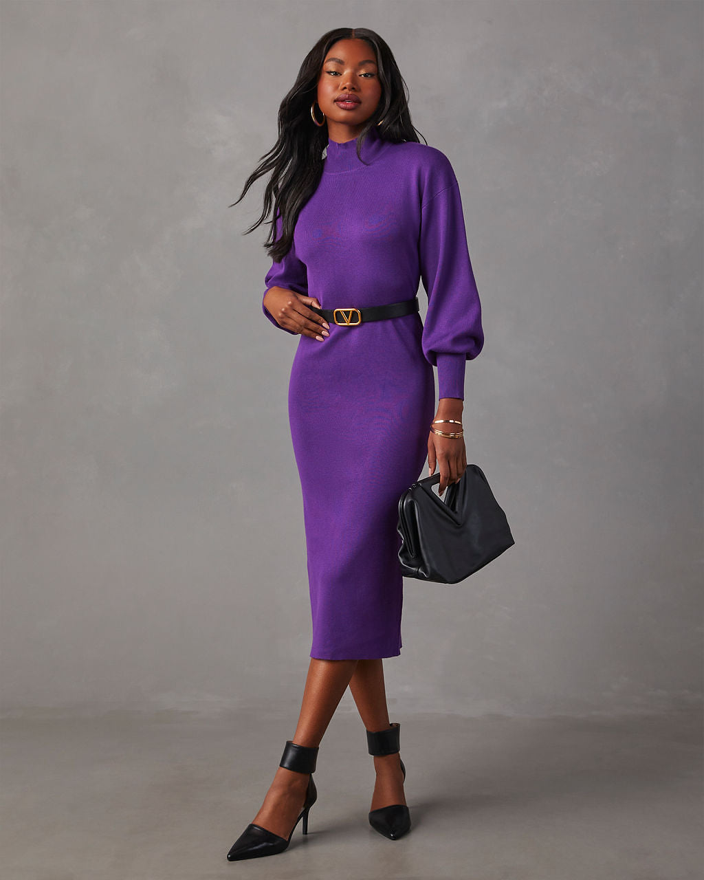 Turtleneck Dark Mauve Cardigan Barker Knit Midi Sweater Dress – VICI