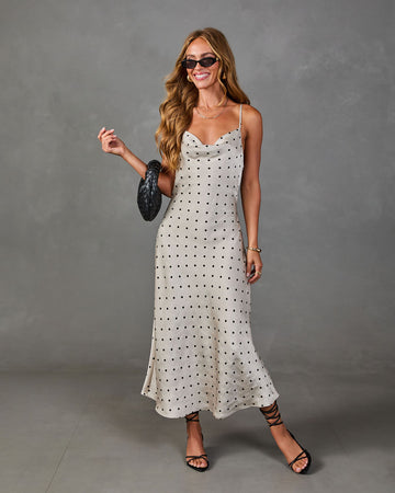 Gentle Arrival Satin Polka Dot Maxi Dress