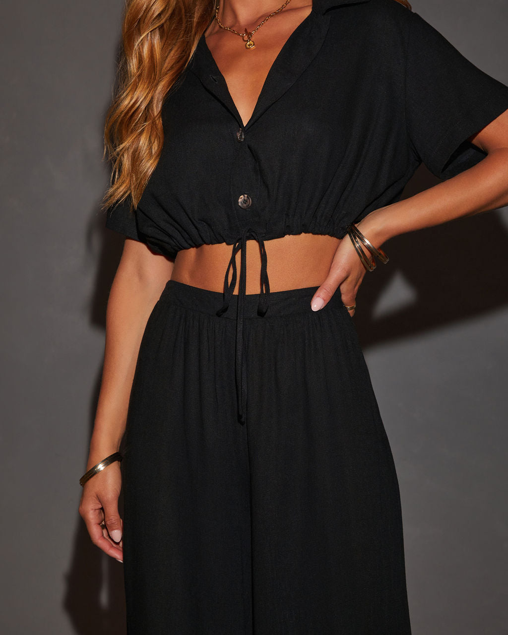 Cap Sleeve Collared Button Front Top with Crystals