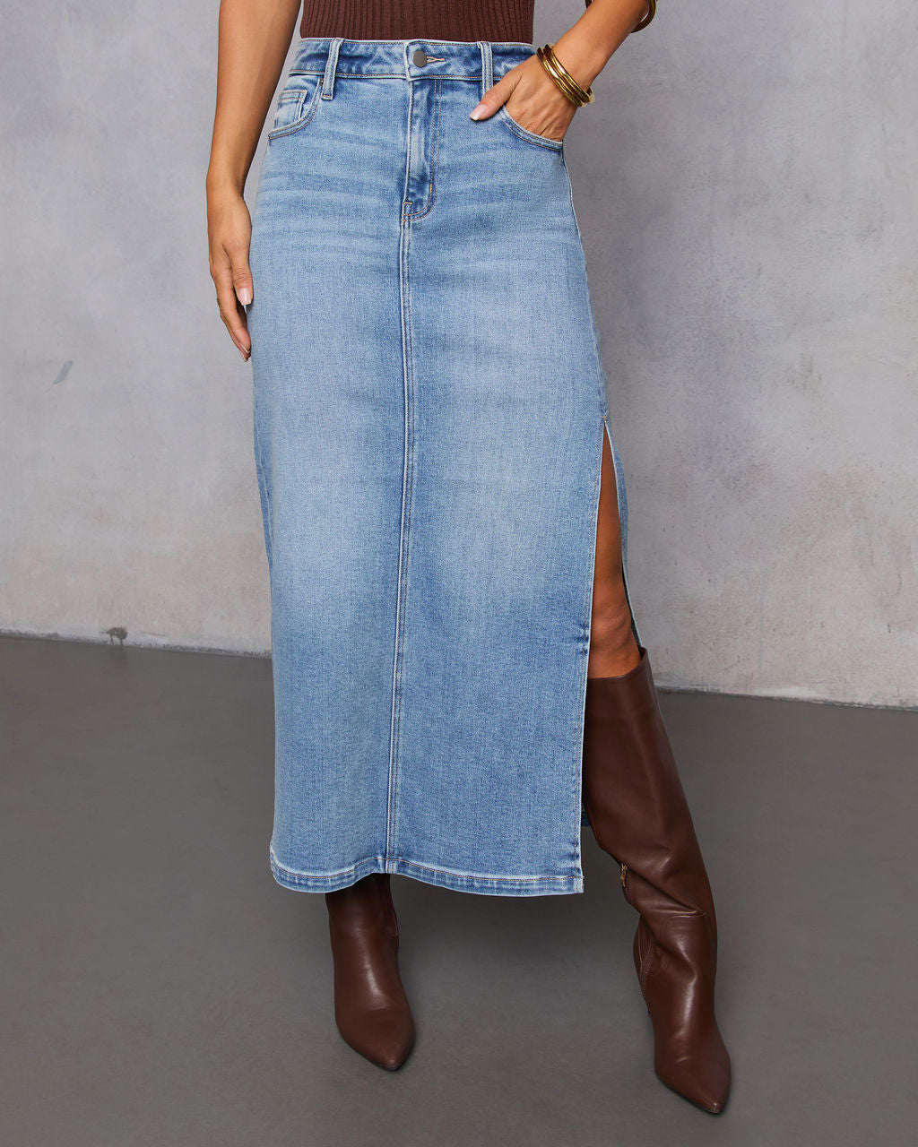 Chic Side Slit Denim Midi Skirt – VICI