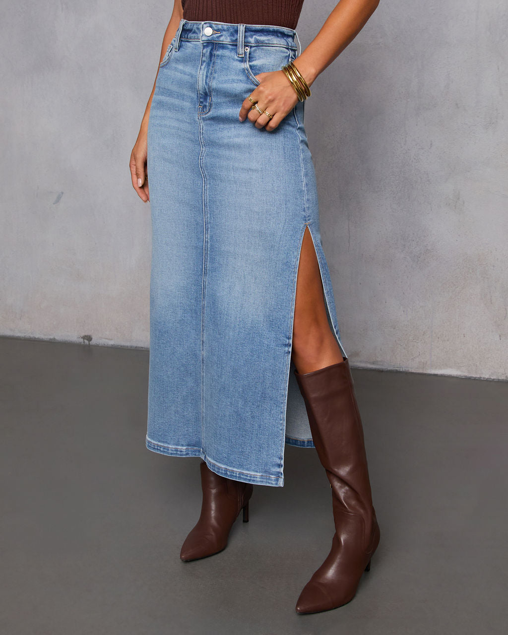 Chic Side Slit Denim Midi Skirt – VICI