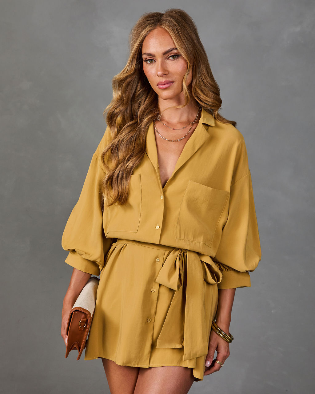 yellow long sleeve shirt dress Brenna Blouson in Camel Colour:Isha Chic Two-tone Evening Gown Crafted in a shirt endofmay
