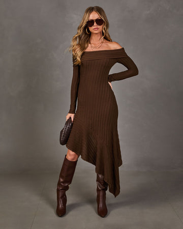 Abby Knit Lace Off the Shoulder High Low Midi Dress