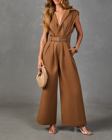 Selena Pleated Cotton Belted Jumpsuit