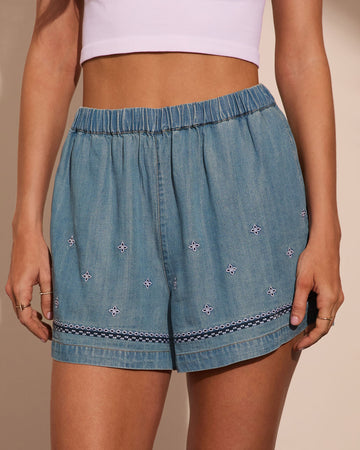 Coastal Weekend Embroidered Chambray Shorts