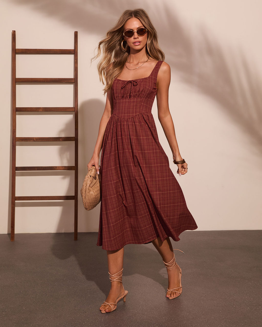 burgundy plaid dress Morning Ritual Midi in Plaid DRINKS DRESS Short Sleeve Fray Edge A graceful V Pick a Size:S