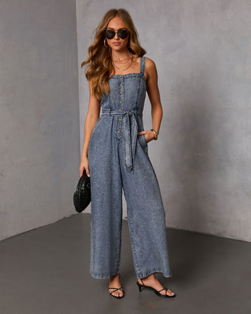 Easy Morning Chambray Waist Tie Jumpsuit