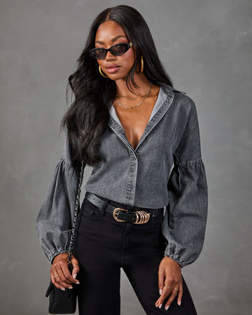 Apple Picking Denim Balloon Sleeve Blouse