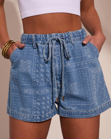 Prairie Canyon Paisley Denim Waist Tie Shorts