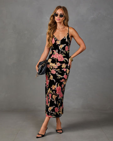 Villa Garden Floral Velvet Slip Midi Dress
