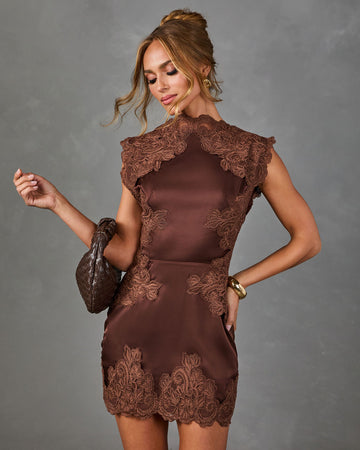Tender Hours Satin Lace Mock Neck Mini Dress