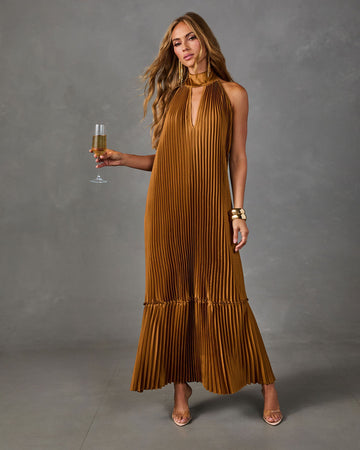 Cocktail Calling Satin Halter Mock Neck Maxi Dress