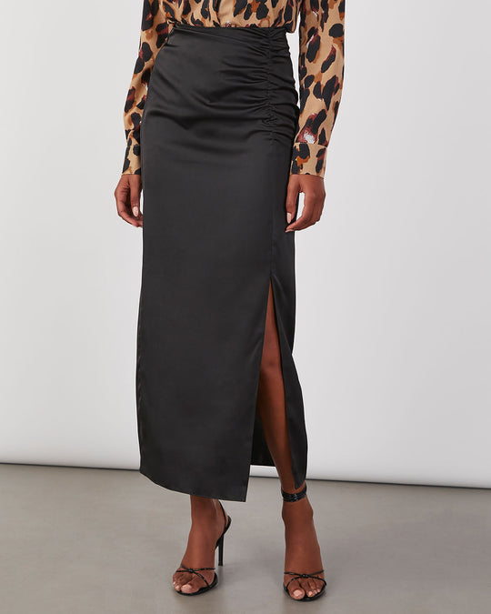Black % Holiday Dressy Satin Ruched Maxi Skirt-2