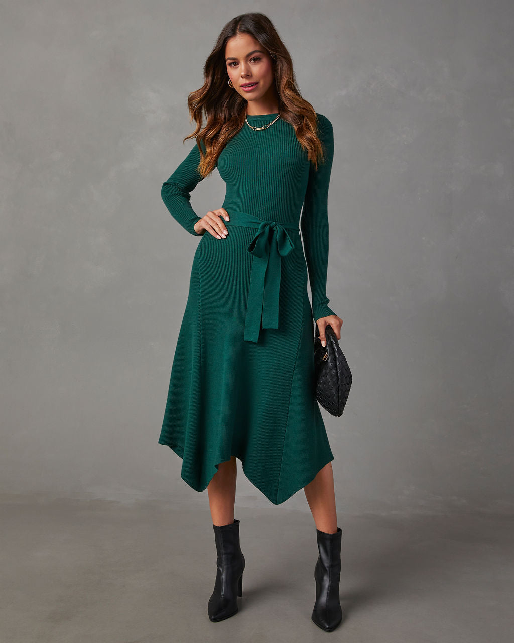 Lia Asymmetrical Hem Tie Waist Midi Sweater Dress – VICI