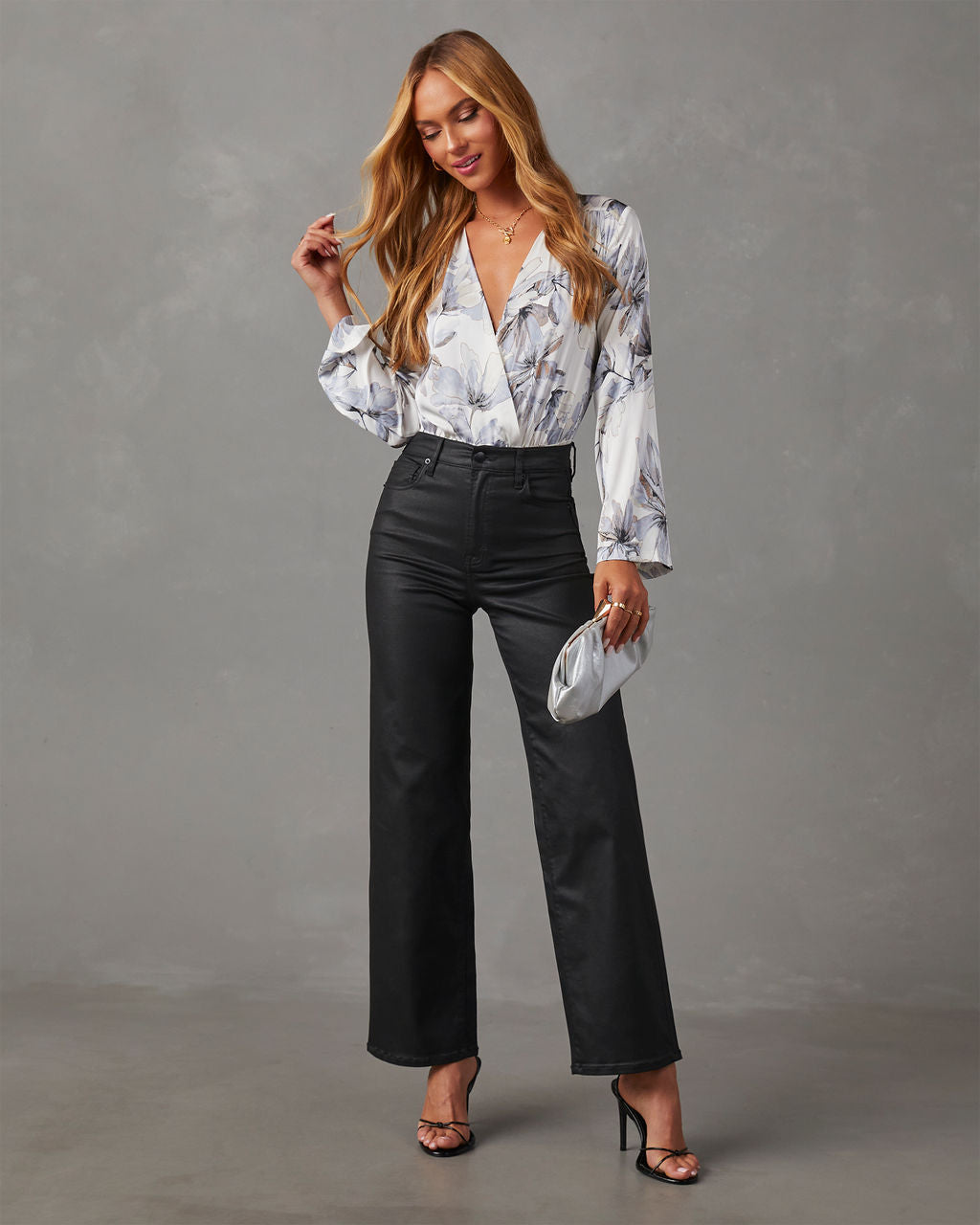 Nattie Satin Floral Long Sleeve Bodysuit VICI