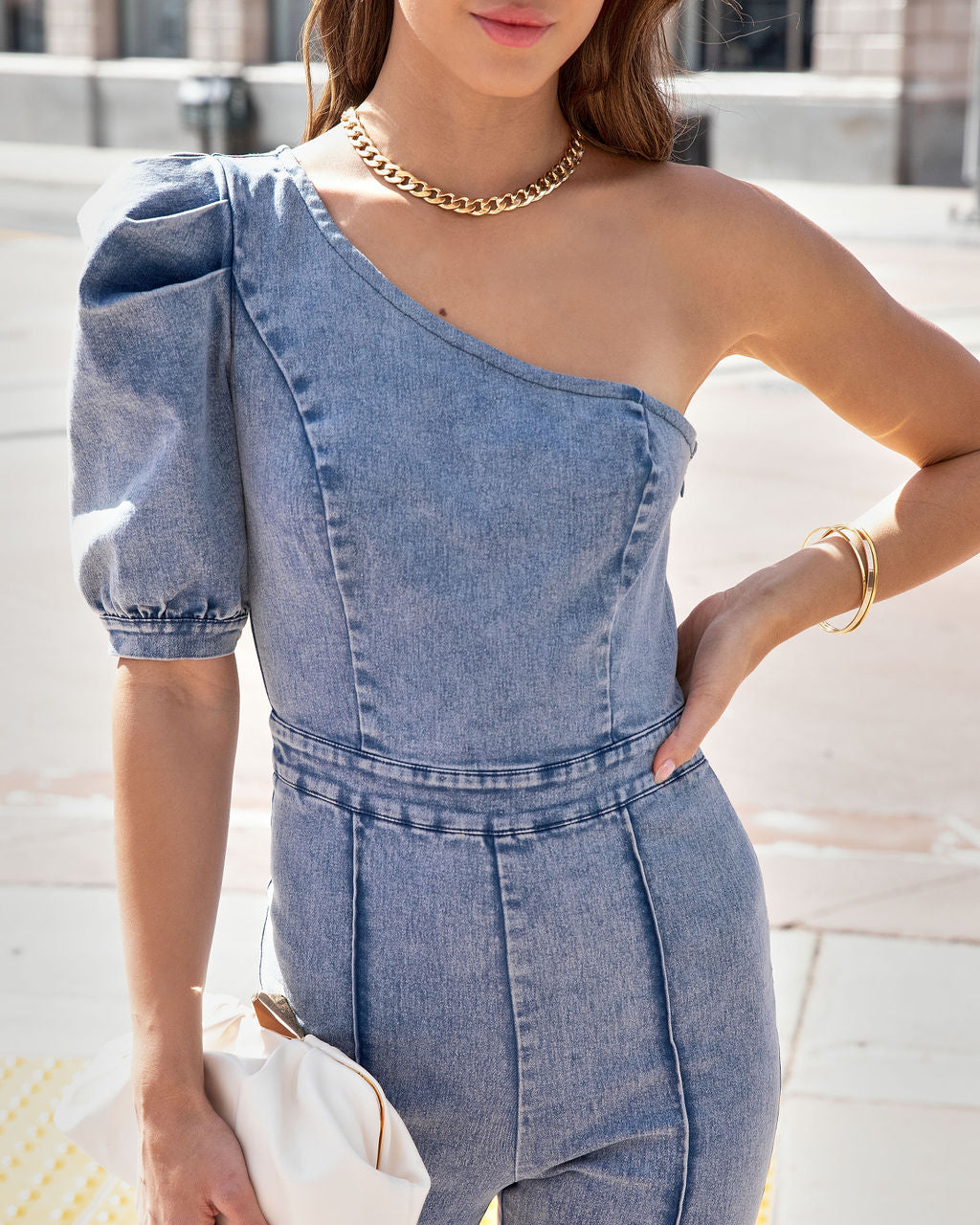 Stand Out Type One Shoulder Acid Wash Jumpsuit