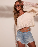 Garden Gathering Mesh Eyelet Off The Shoulder Blouse