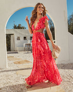 Red % Carlita Ruffle Printed Cutout Maxi Dress-3