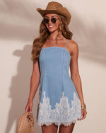 Honey Sunset Chambray Lace Trim Mini Dress