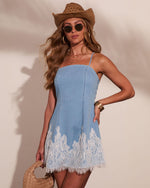Honey Sunset Chambray Lace Trim Mini Dress