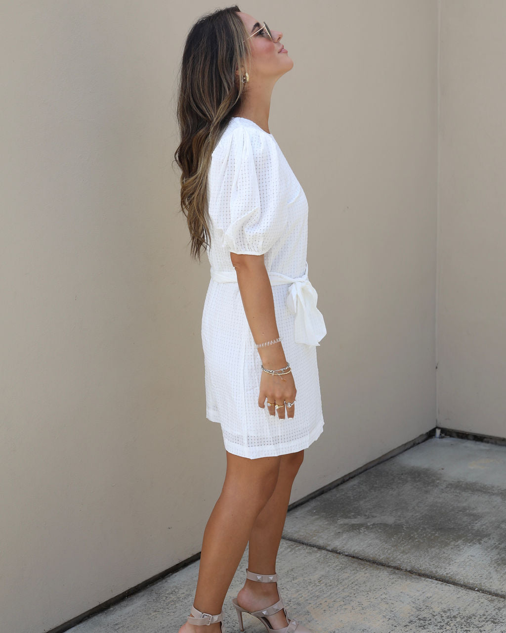 white wrap tie waist puff sleeve midi dress