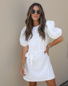 White % Pure Sweetness Textured Puff Sleeve Tie Waist Mini Dress-1