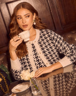 Maple Meadow Contrast Trim Houndstooth Cardigan