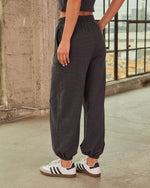 Charcoal gray high-waist jogger sweatpants with elastic cuffs, worn with white Adidas Samba sneakers, back view