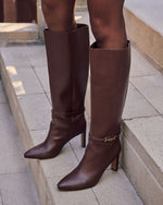 Brown % Isobelle Vegan Leather Chain Accent Knee High Boots-5