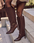 Brown % Isobelle Vegan Leather Chain Accent Knee High Boots-1