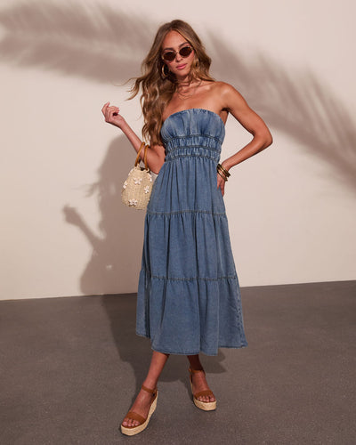 strapless tiered dress Jaclyne Strapless Tiered Chambray Maxi Dress in Blue