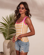 Yellow % Summer Drift Striped Contrast Trim Tank Top-3