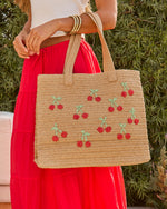 Sweet Land Woven Straw Embroidered Cherry Tote Bag