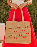Sweet Land Woven Straw Embroidered Cherry Tote Bag